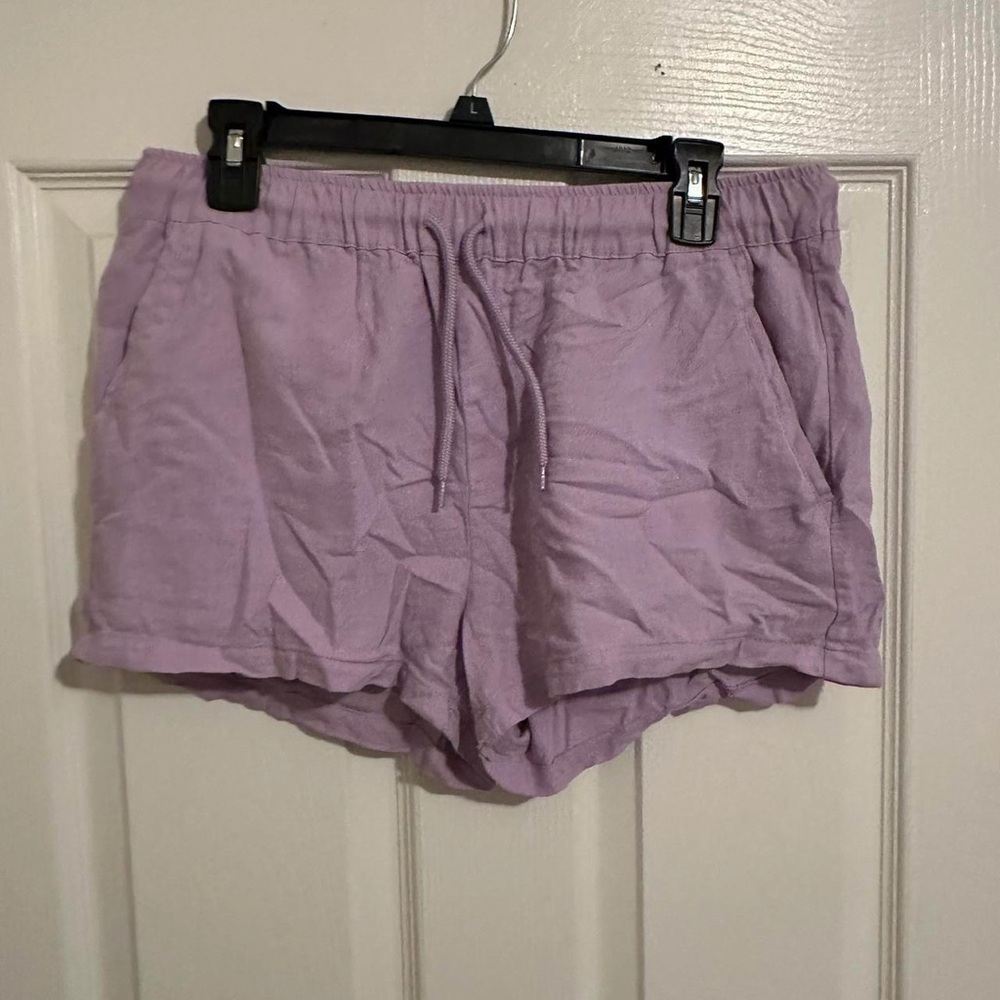 ASOS DESIGN SLIM SHORTER LINEN MIX SHORTS IN PASTEL PURPLE